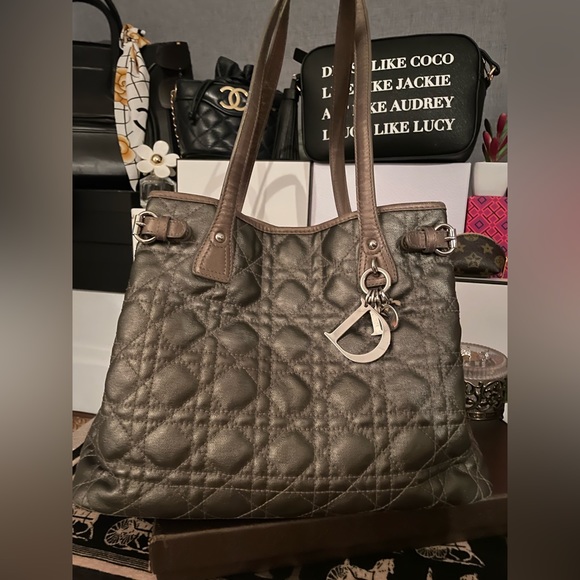 ✨SOLD✨Christian Dior Panarea Cloth Quilt Metallic Gray Tote Bag Silver Hardware - Picture 4 of 16